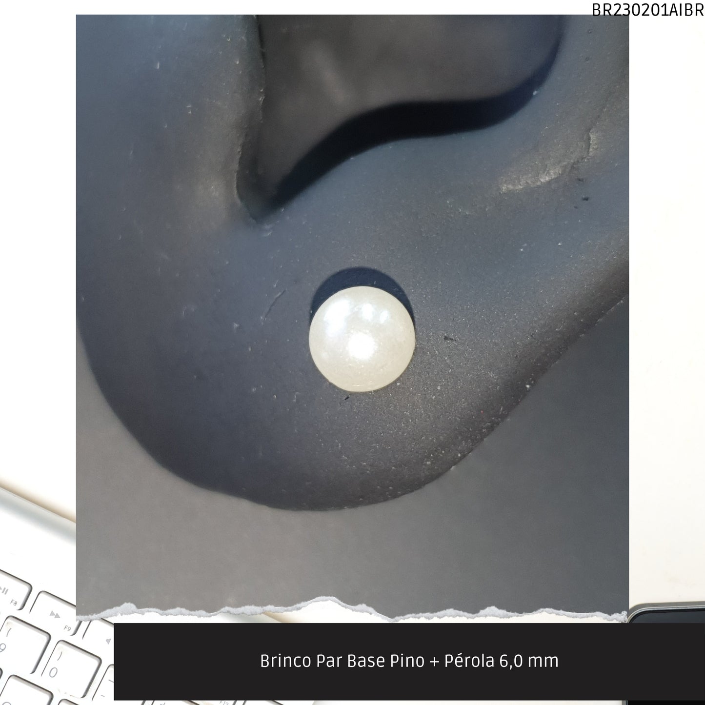 Brinco Par Base Pino + Pérola 6.0 mm  - Código.: BR230201AIBR  - Peso.: 0.7 gr