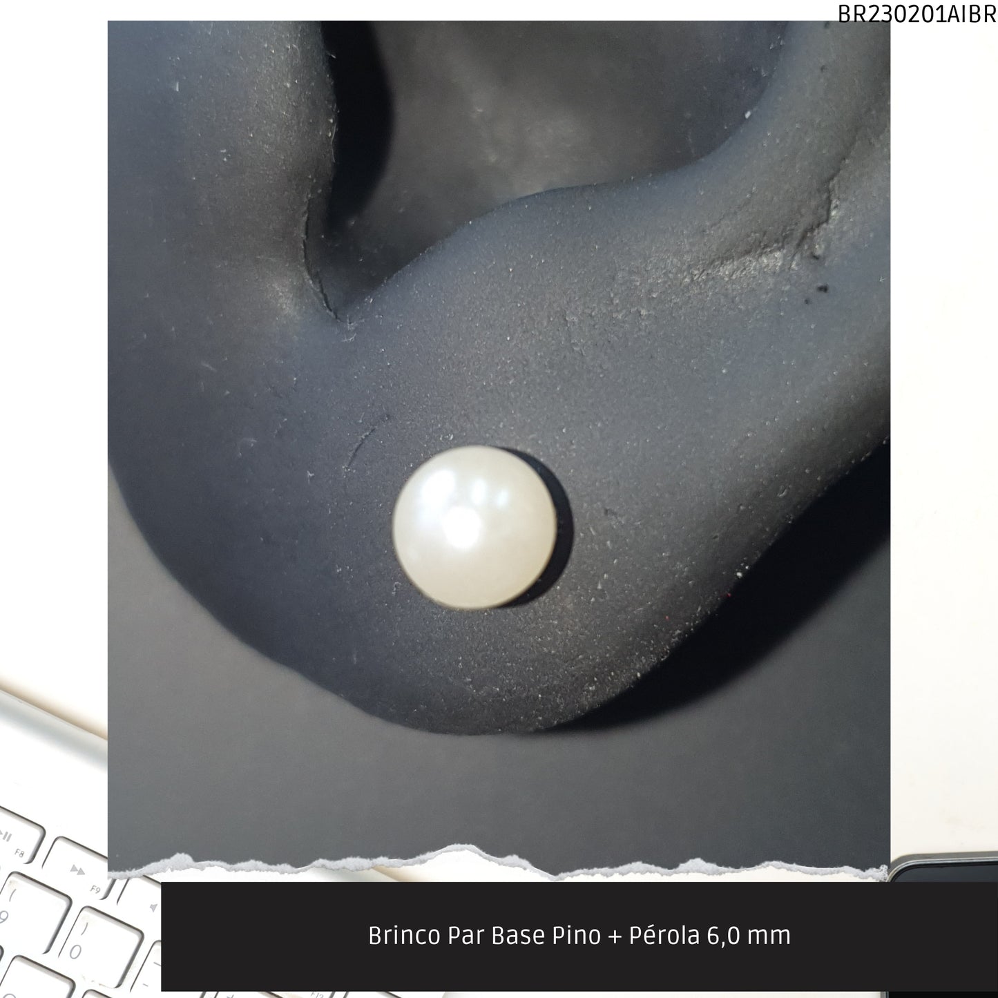 Brinco Par Base Pino + Pérola 6.0 mm  - Código.: BR230201AIBR  - Peso.: 0.7 gr