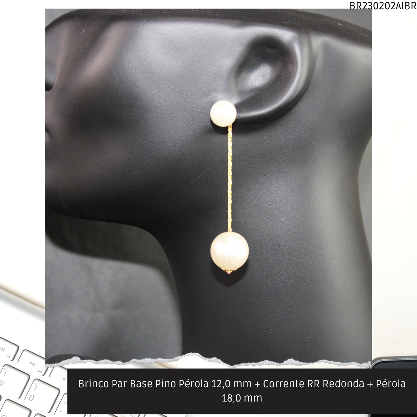 Brinco Par Base Pino Pérola 12.0 mm + Corrente RR Redonda + Pérola 18.0 mm  - Código.: BR230202AIBR  - Peso.: 9.6 gr