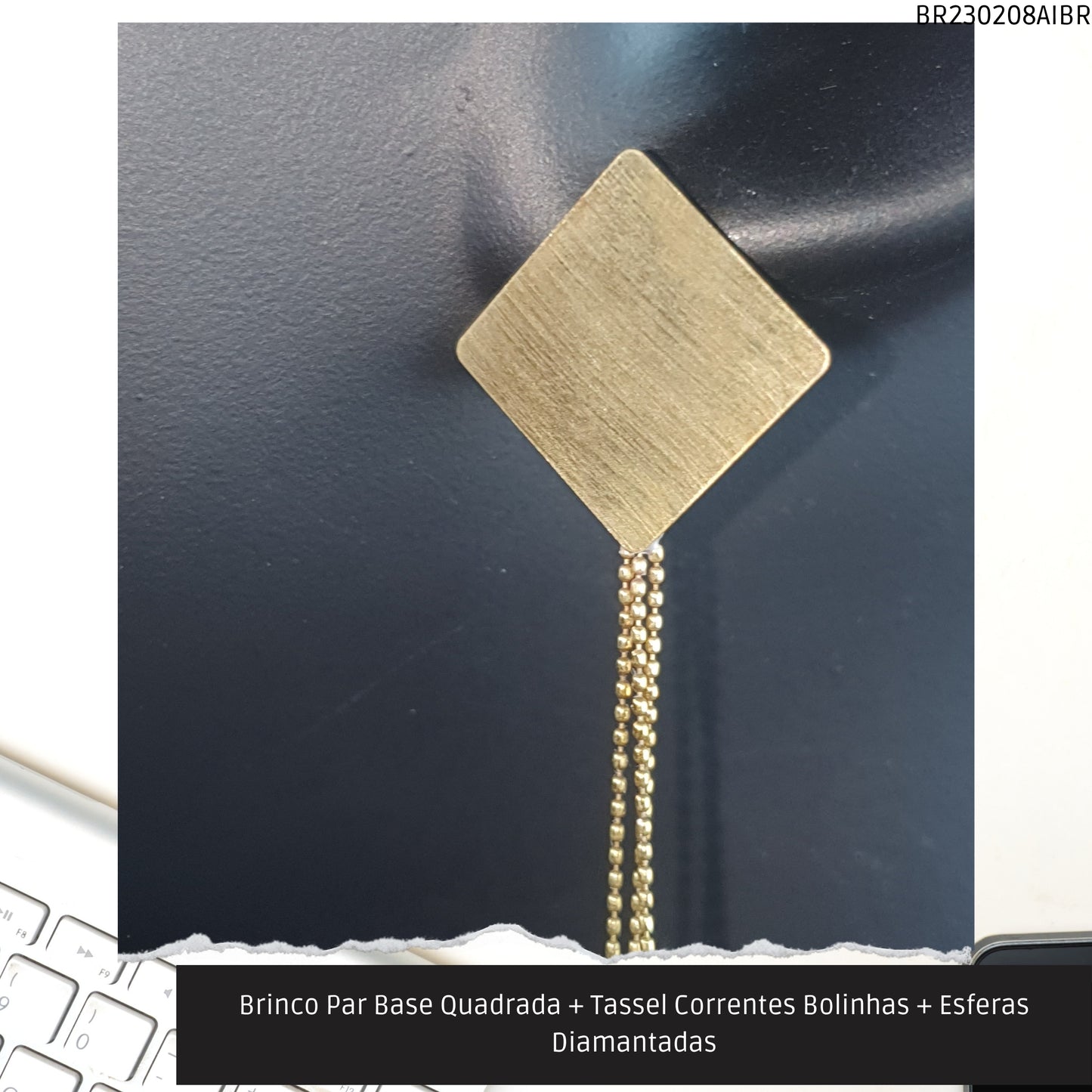 Brinco Par Base Quadrada + Tassel Correntes Bolinhas + Esferas Diamantadas  - Código.: BR230208AIBR  - Peso.: 5.5 gr