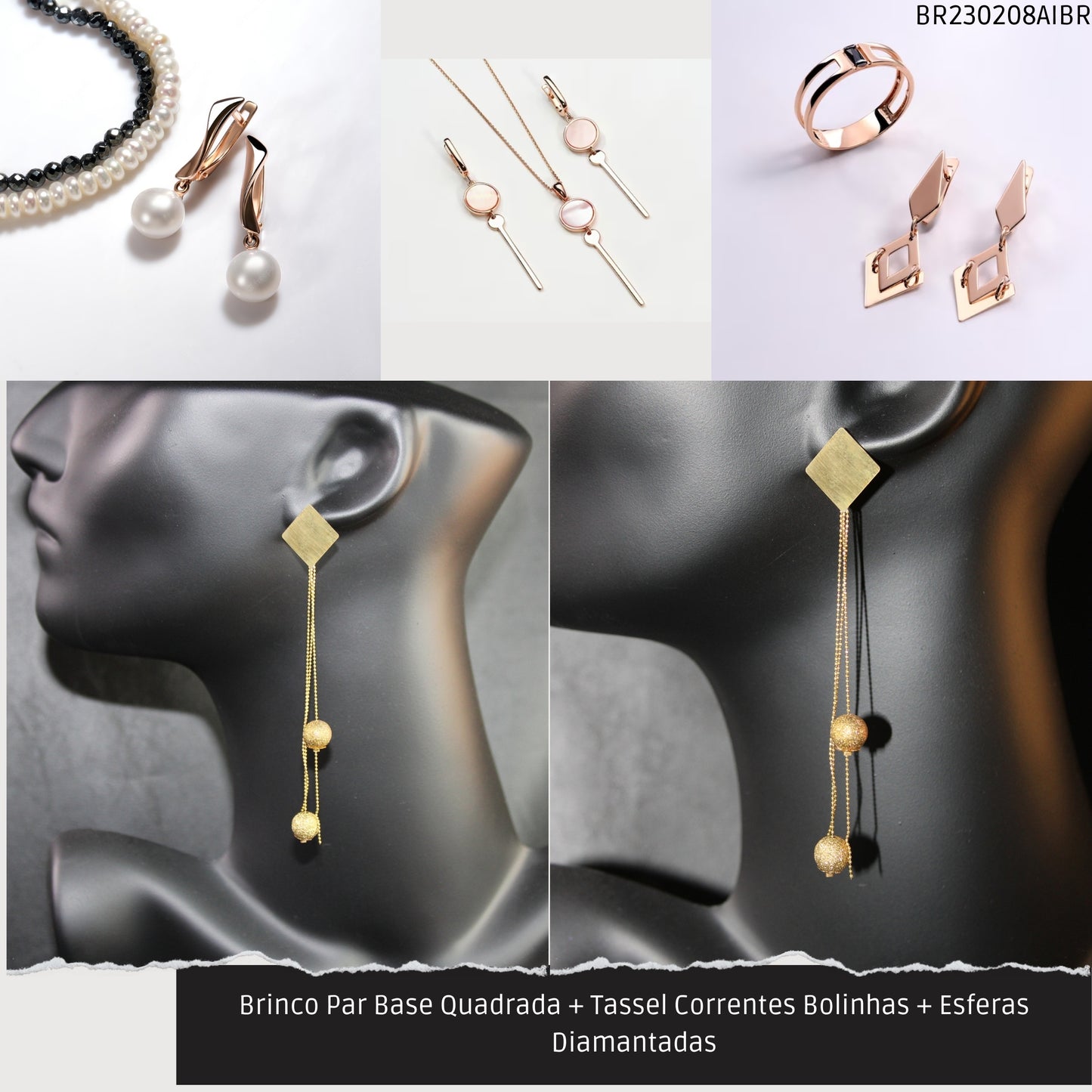 Brinco Par Base Quadrada + Tassel Correntes Bolinhas + Esferas Diamantadas  - Código.: BR230208AIBR  - Peso.: 5.5 gr