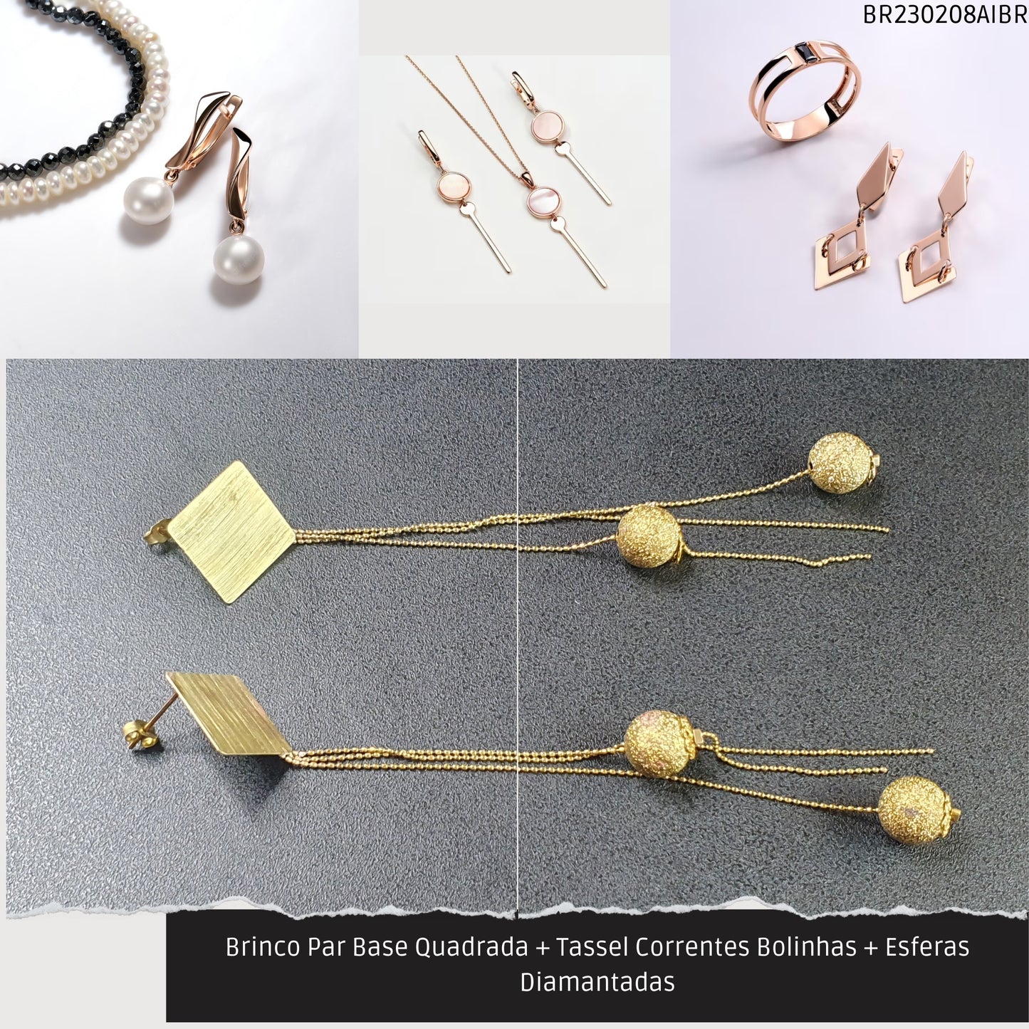 Brinco Par Base Quadrada + Tassel Correntes Bolinhas + Esferas Diamantadas  - Código.: BR230208AIBR  - Peso.: 5.5 gr
