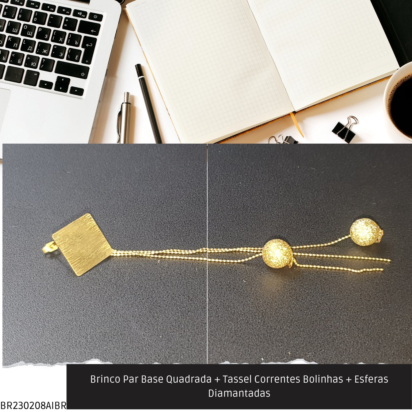 Brinco Par Base Quadrada + Tassel Correntes Bolinhas + Esferas Diamantadas  - Código.: BR230208AIBR  - Peso.: 5.5 gr