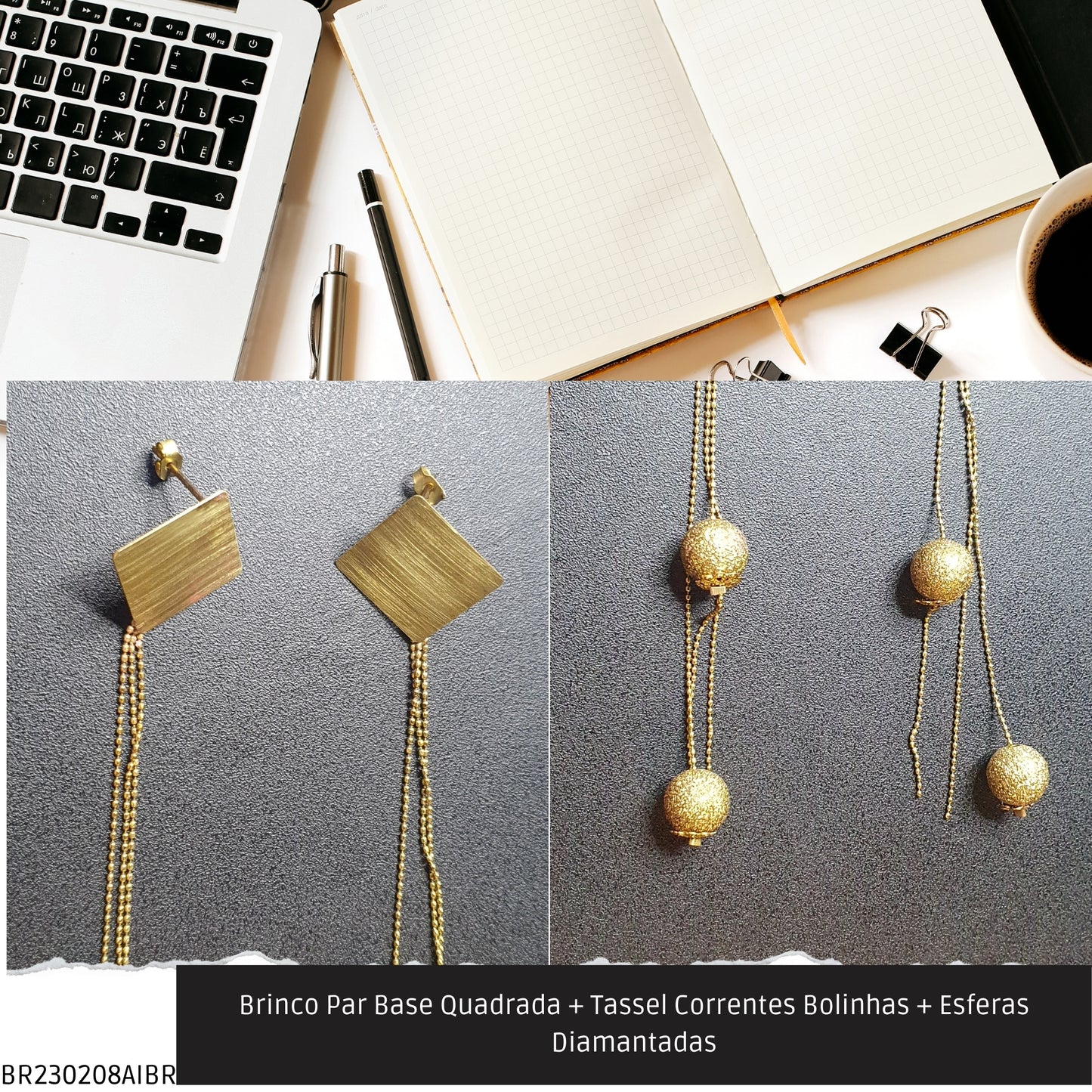Brinco Par Base Quadrada + Tassel Correntes Bolinhas + Esferas Diamantadas  - Código.: BR230208AIBR  - Peso.: 5.5 gr