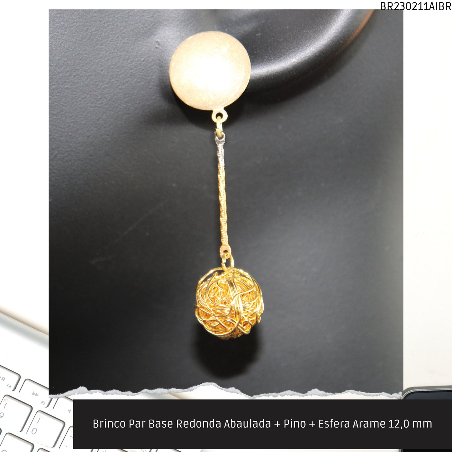 Brinco Par Base Redonda Abaulada + Pino + Esfera Arame 12.0 mm  - Código.: BR230211AIBR  - Peso.: 6.9 gr