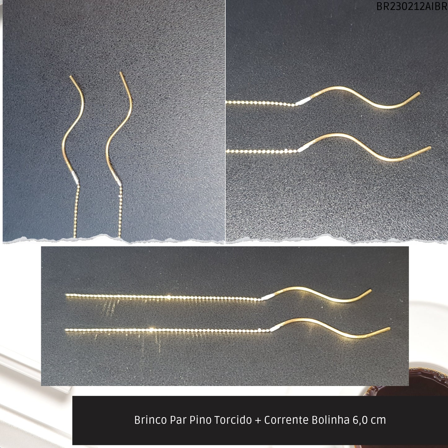 Brinco Par Pino Torcido + Corrente Bolinha 6.0 cm   - Código.: BR230212AIBR  - Peso.: 0.9 gr
