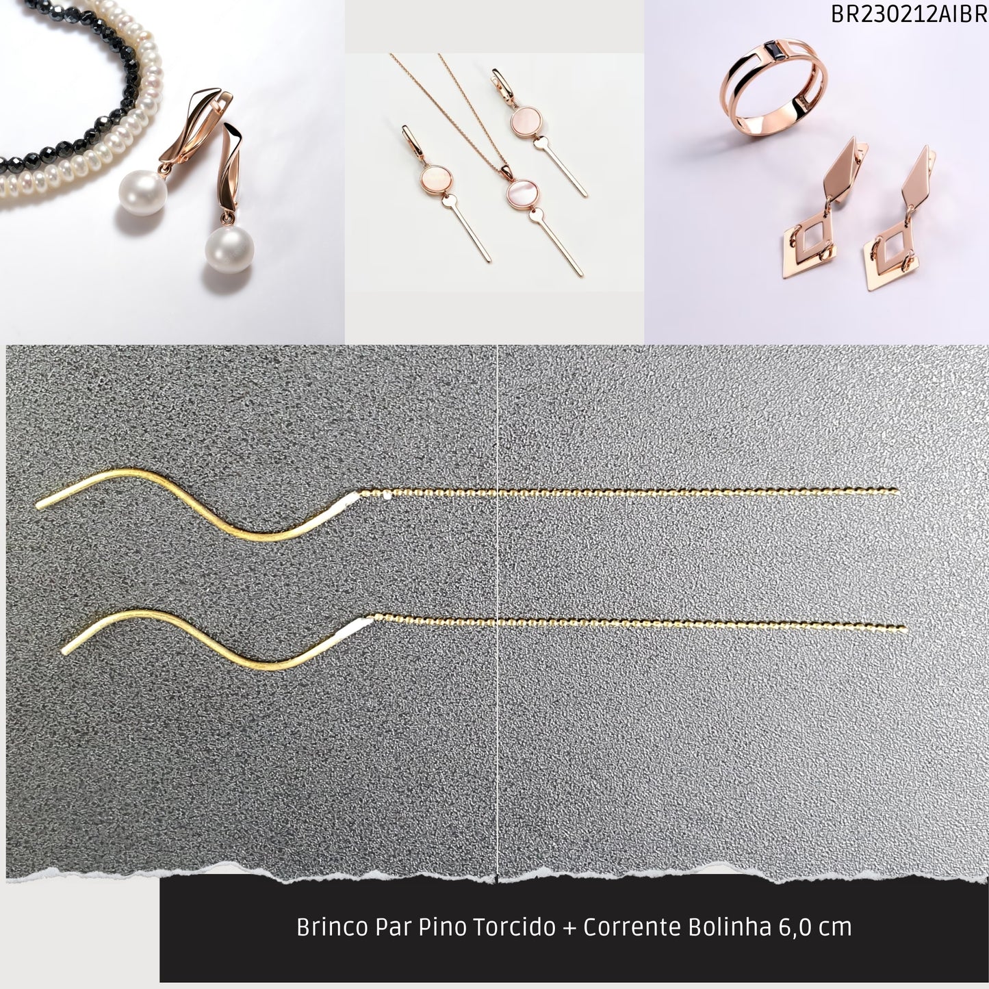 Brinco Par Pino Torcido + Corrente Bolinha 6.0 cm   - Código.: BR230212AIBR  - Peso.: 0.9 gr