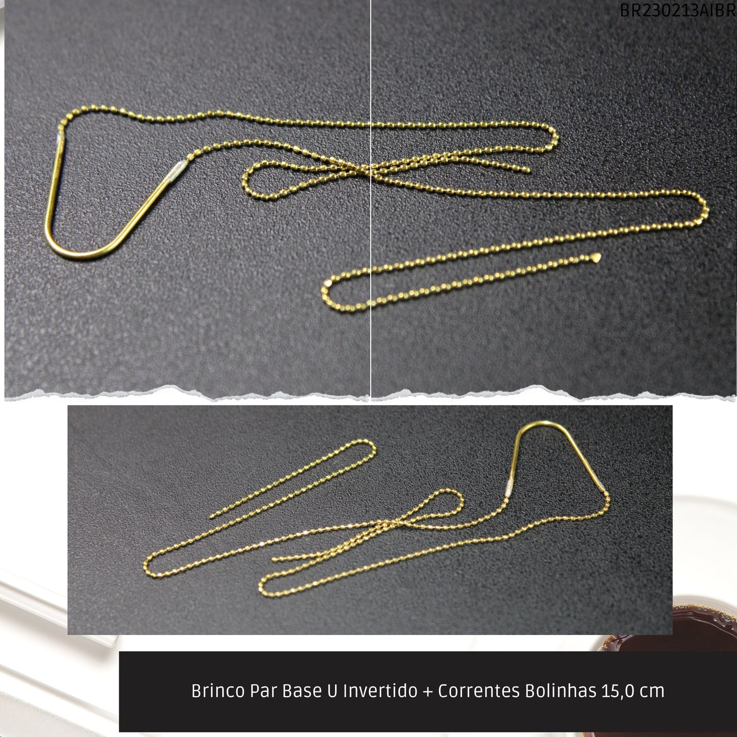 Brinco Par Base U Invertido + Correntes Bolinhas 15.0 cm  - Código.: BR230213AIBR  - Peso.: 1.5 gr