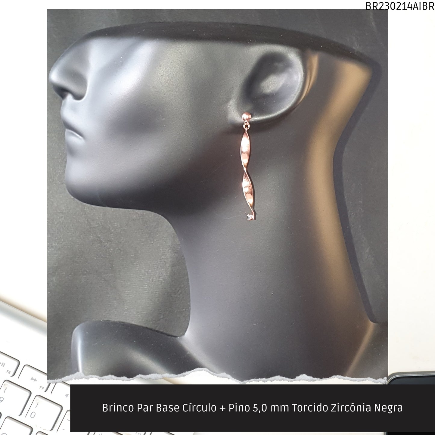 Brinco Par Base Círculo + Pino 5.0 mm Torcido Zirconia Negra  - Código.: BR230214AIBR  - Peso.: 2.3 gr