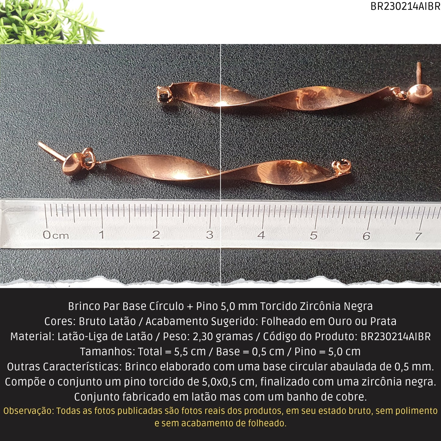 Brinco Par Base Círculo + Pino 5.0 mm Torcido Zirconia Negra  - Código.: BR230214AIBR  - Peso.: 2.3 gr