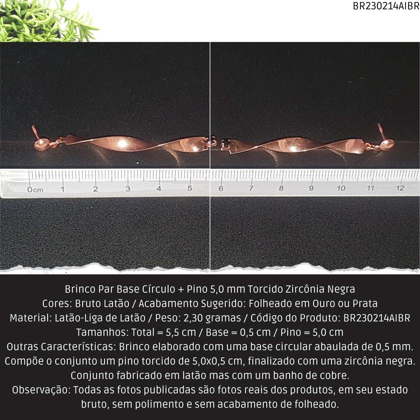 Brinco Par Base Círculo + Pino 5.0 mm Torcido Zirconia Negra  - Código.: BR230214AIBR  - Peso.: 2.3 gr