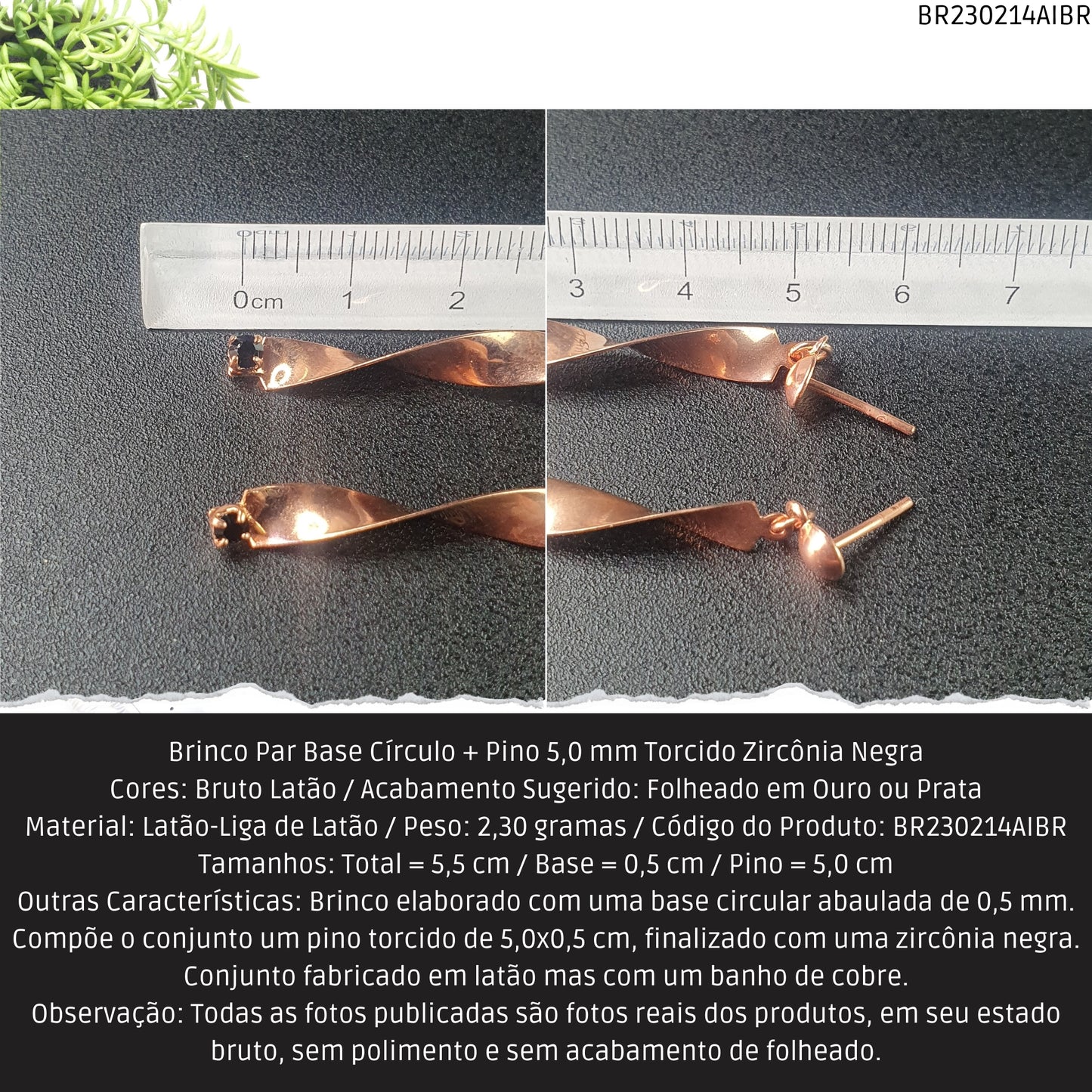Brinco Par Base Círculo + Pino 5.0 mm Torcido Zirconia Negra  - Código.: BR230214AIBR  - Peso.: 2.3 gr