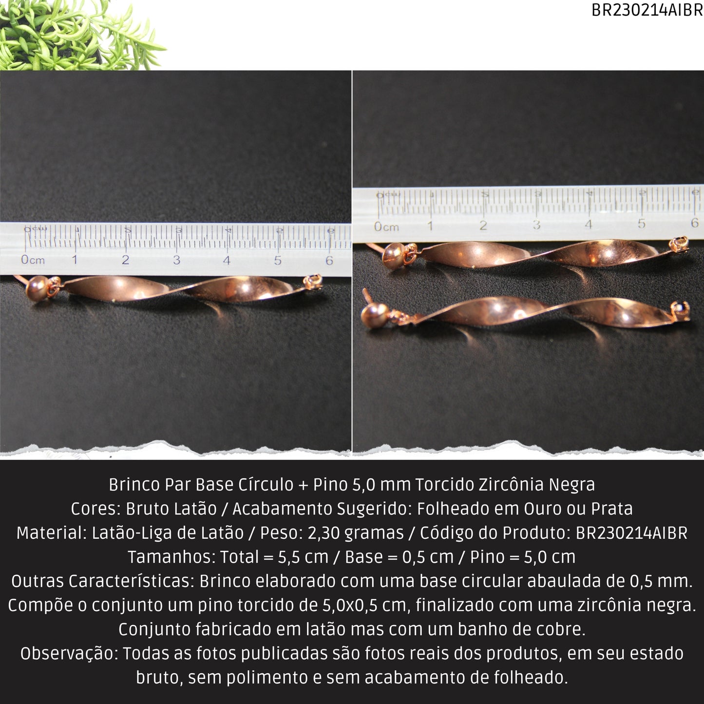 Brinco Par Base Círculo + Pino 5.0 mm Torcido Zirconia Negra  - Código.: BR230214AIBR  - Peso.: 2.3 gr