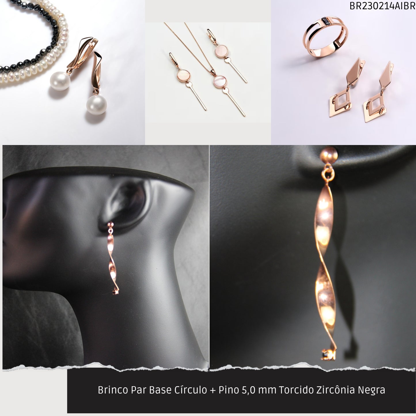Brinco Par Base Círculo + Pino 5.0 mm Torcido Zirconia Negra  - Código.: BR230214AIBR  - Peso.: 2.3 gr