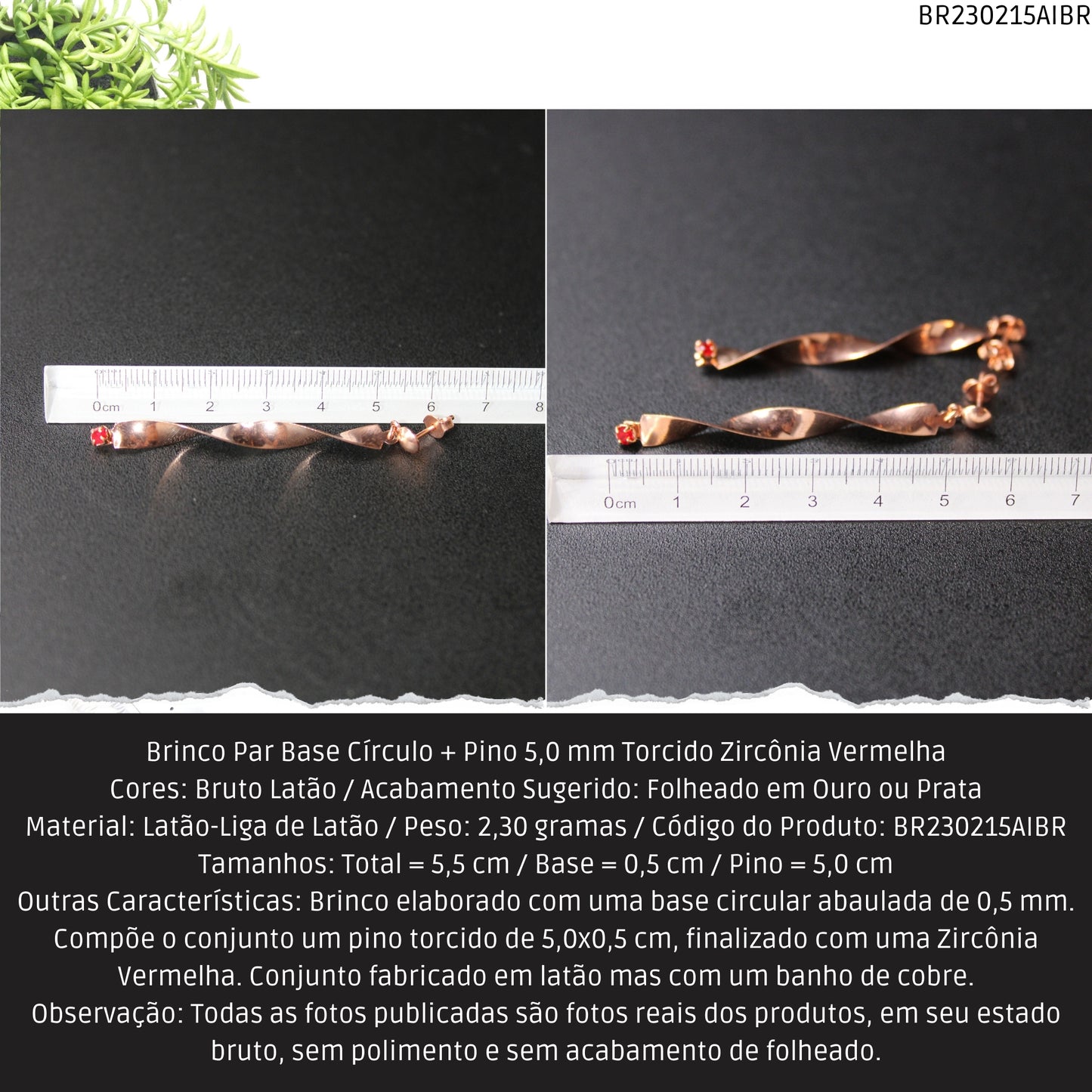 Brinco Par Base Círculo + Pino 5.0 mm Torcido Zirconia Vermelha  - Código.: BR230215AIBR  - Peso.: 2.3 gr