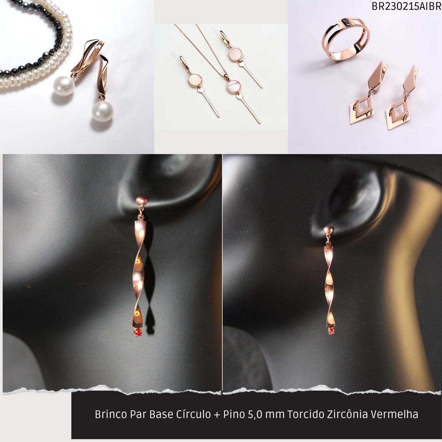 Brinco Par Base Círculo + Pino 5.0 mm Torcido Zirconia Vermelha  - Código.: BR230215AIBR  - Peso.: 2.3 gr