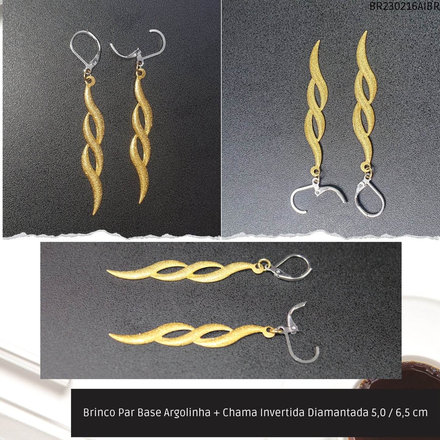 Brinco Par Base Argolinha + Chama Invertida Diamantada 5.0 / 6.5 cm  - Código.: BR230216AIBR  - Peso.: 2.2 gr