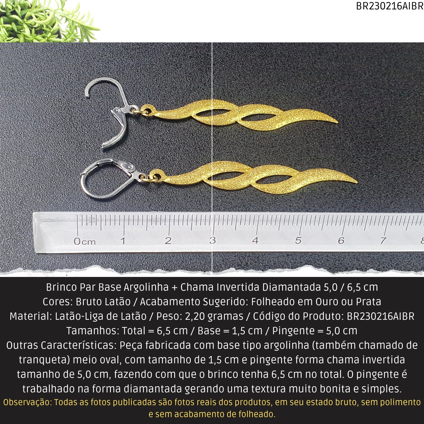 Brinco Par Base Argolinha + Chama Invertida Diamantada 5.0 / 6.5 cm  - Código.: BR230216AIBR  - Peso.: 2.2 gr