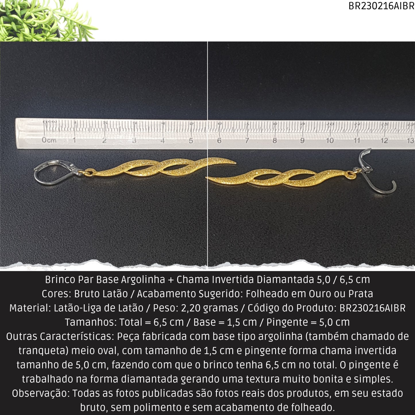 Brinco Par Base Argolinha + Chama Invertida Diamantada 5.0 / 6.5 cm  - Código.: BR230216AIBR  - Peso.: 2.2 gr