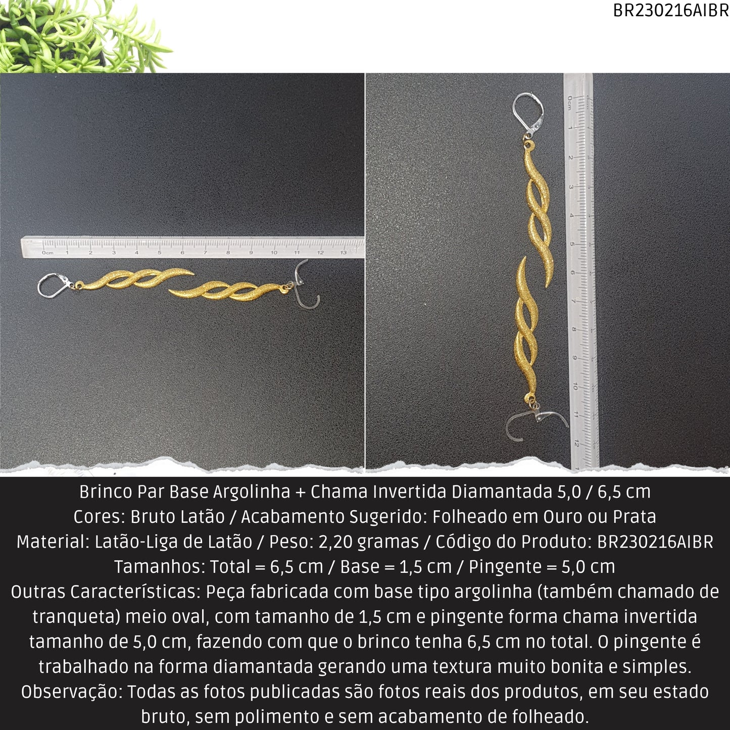 Brinco Par Base Argolinha + Chama Invertida Diamantada 5.0 / 6.5 cm  - Código.: BR230216AIBR  - Peso.: 2.2 gr