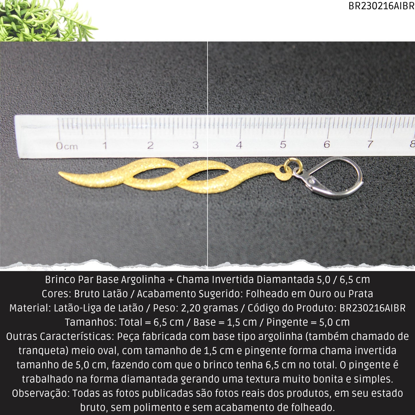 Brinco Par Base Argolinha + Chama Invertida Diamantada 5.0 / 6.5 cm  - Código.: BR230216AIBR  - Peso.: 2.2 gr