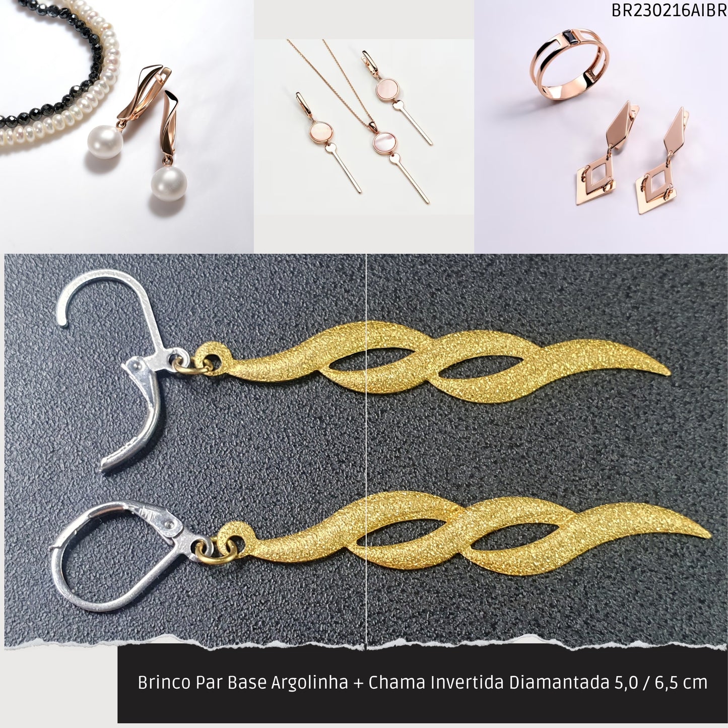 Brinco Par Base Argolinha + Chama Invertida Diamantada 5.0 / 6.5 cm  - Código.: BR230216AIBR  - Peso.: 2.2 gr