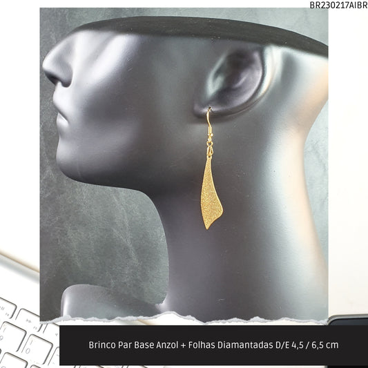 Brinco Par Base Anzol + Folhas Diamantadas D/E 4.5 / 6.5 cm   - Código.: BR230217AIBR  - Peso.: 3.8 gr