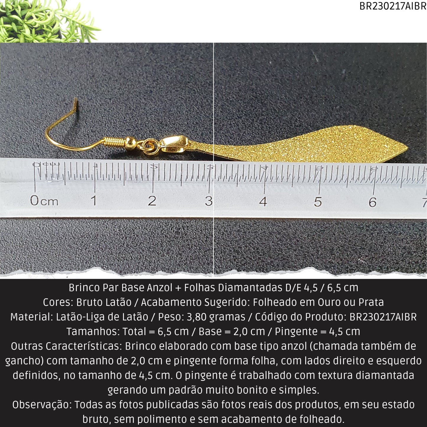 Brinco Par Base Anzol + Folhas Diamantadas D/E 4.5 / 6.5 cm   - Código.: BR230217AIBR  - Peso.: 3.8 gr