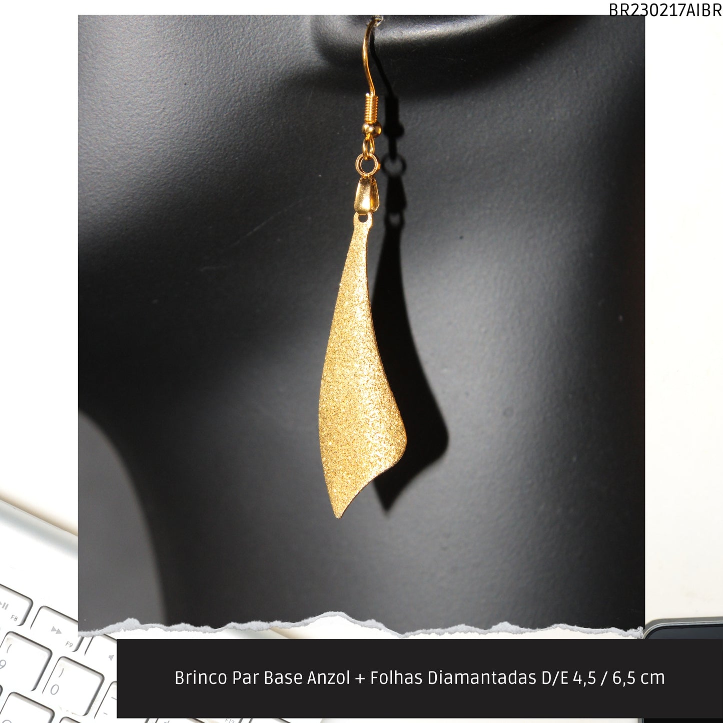 Brinco Par Base Anzol + Folhas Diamantadas D/E 4.5 / 6.5 cm   - Código.: BR230217AIBR  - Peso.: 3.8 gr