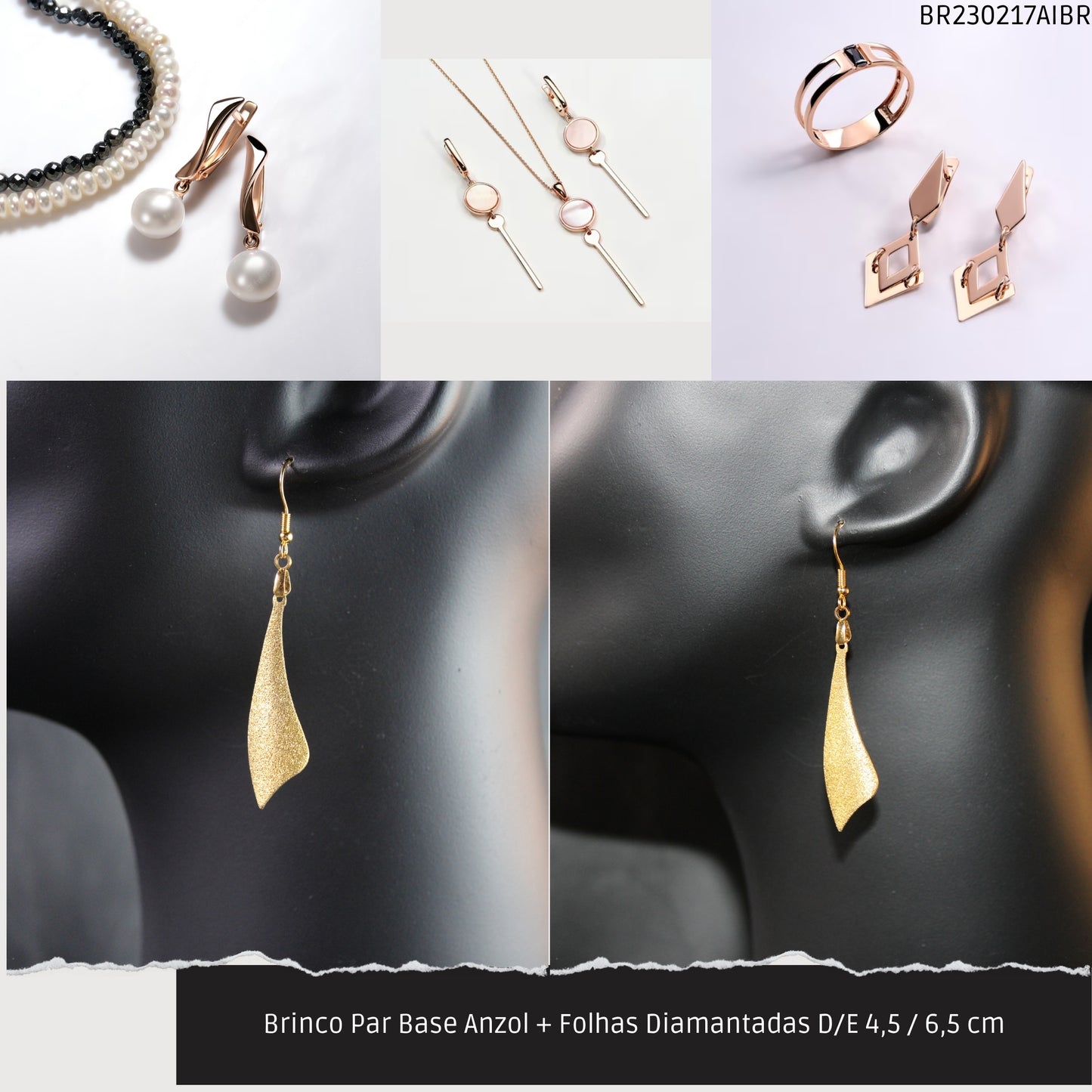Brinco Par Base Anzol + Folhas Diamantadas D/E 4.5 / 6.5 cm   - Código.: BR230217AIBR  - Peso.: 3.8 gr