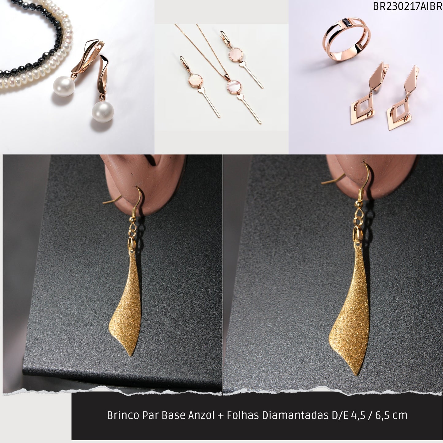 Brinco Par Base Anzol + Folhas Diamantadas D/E 4.5 / 6.5 cm   - Código.: BR230217AIBR  - Peso.: 3.8 gr