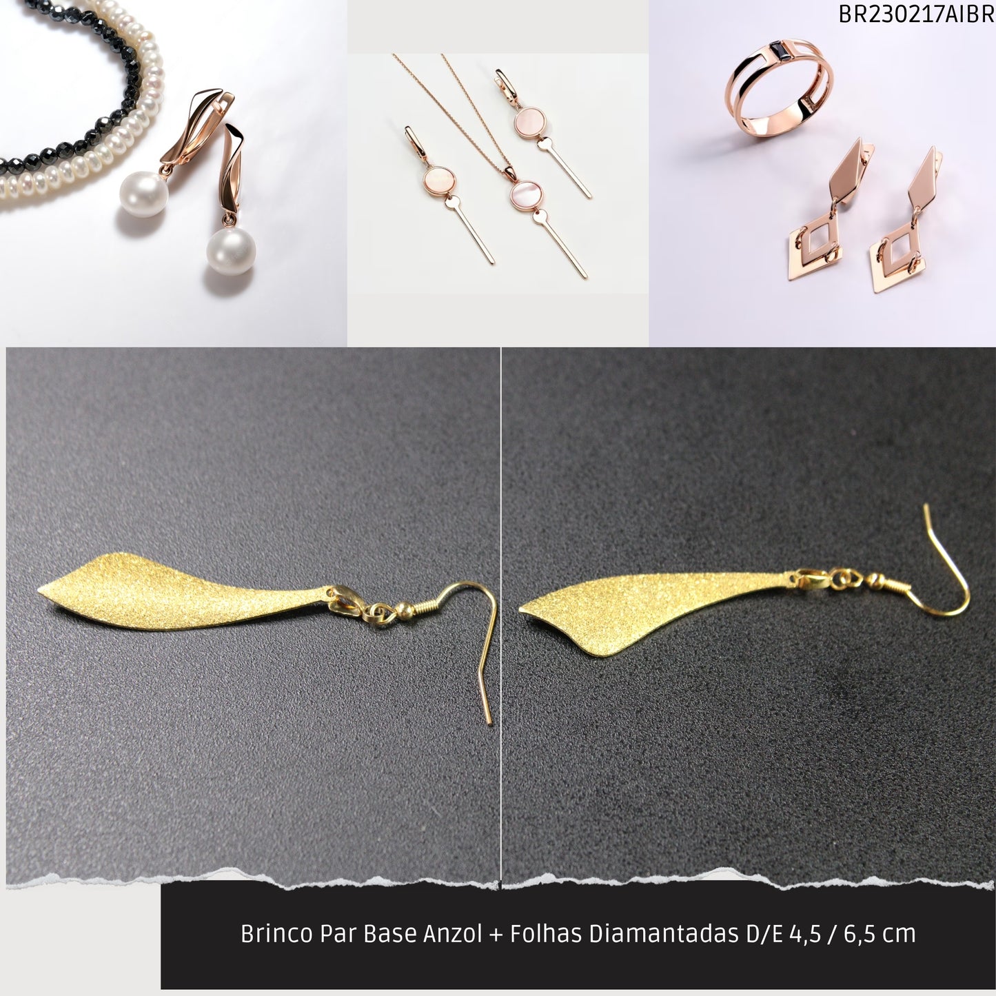 Brinco Par Base Anzol + Folhas Diamantadas D/E 4.5 / 6.5 cm   - Código.: BR230217AIBR  - Peso.: 3.8 gr