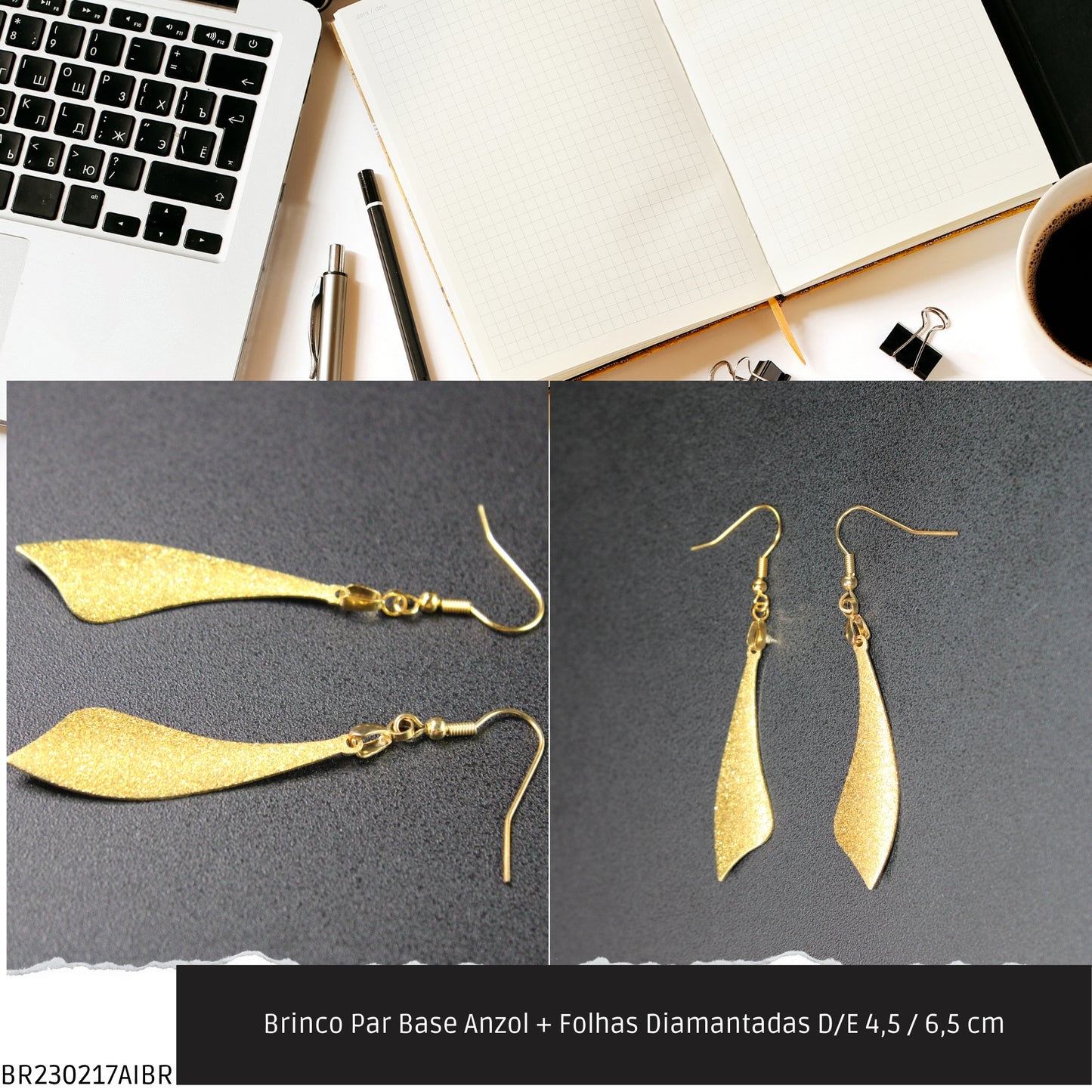 Brinco Par Base Anzol + Folhas Diamantadas D/E 4.5 / 6.5 cm   - Código.: BR230217AIBR  - Peso.: 3.8 gr