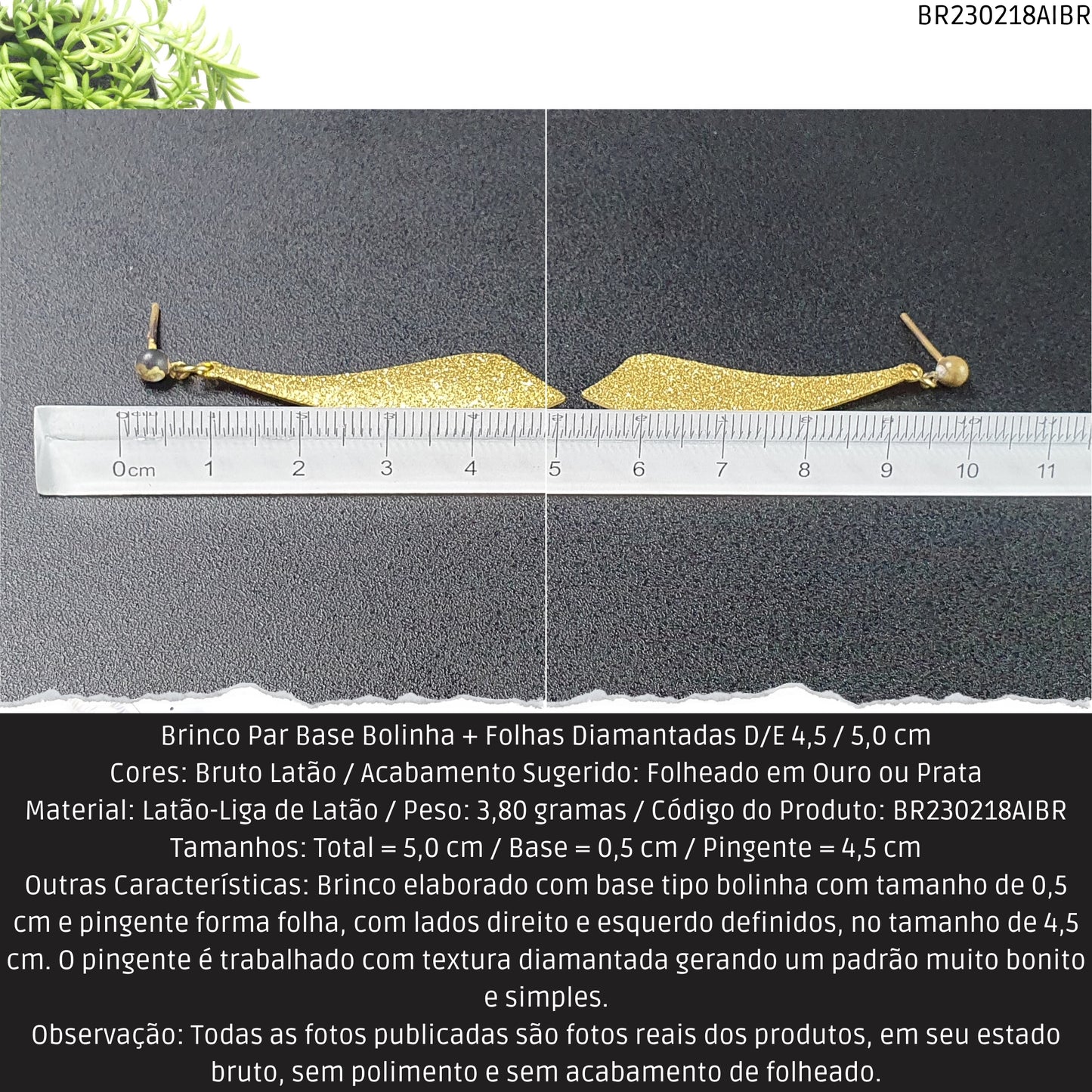 Brinco Par Base Bolinha + Folhas Diamantadas D/E 4.5 / 5.0 cm   - Código.: BR230218AIBR  - Peso.: 3.8 gr