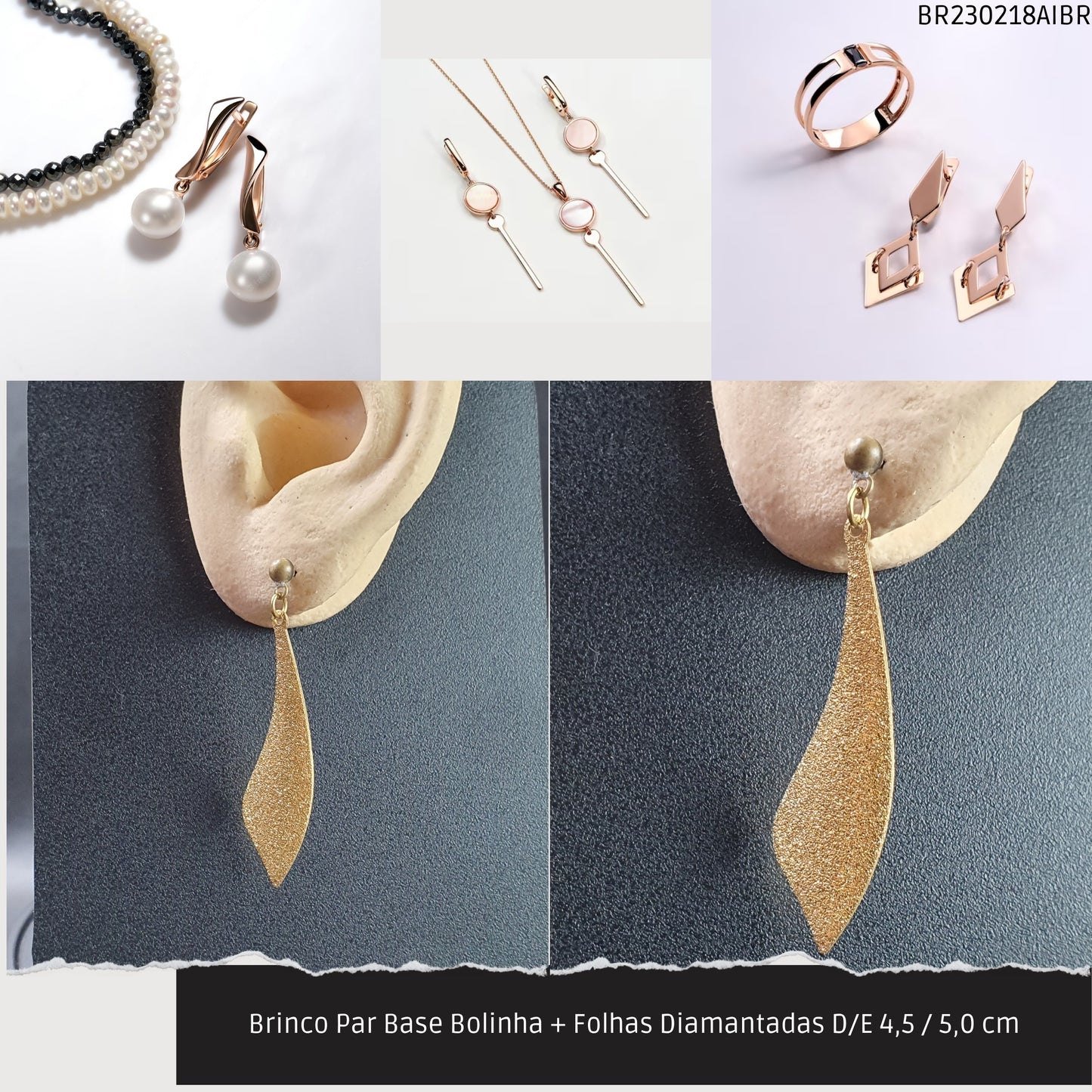 Brinco Par Base Bolinha + Folhas Diamantadas D/E 4.5 / 5.0 cm   - Código.: BR230218AIBR  - Peso.: 3.8 gr