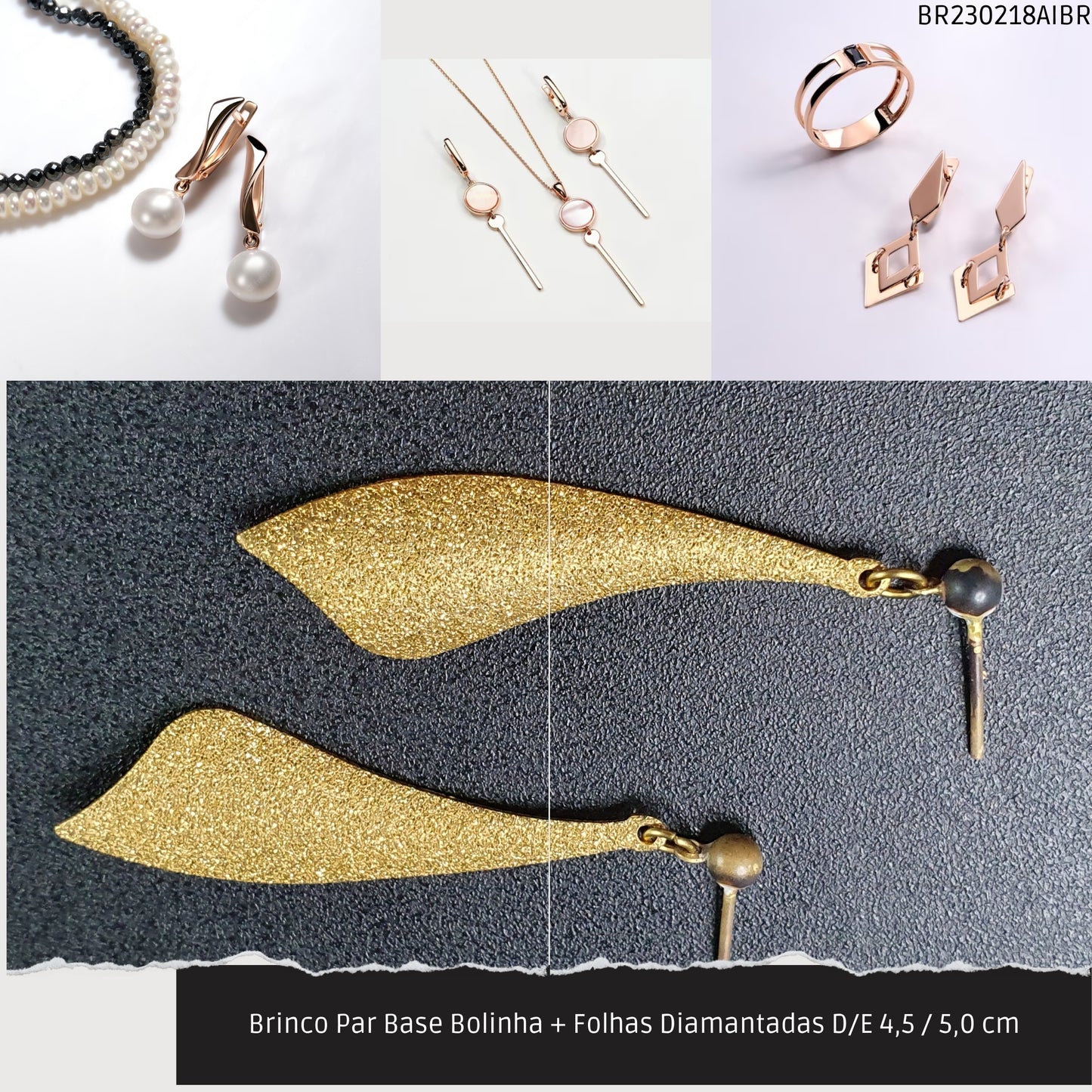 Brinco Par Base Bolinha + Folhas Diamantadas D/E 4.5 / 5.0 cm   - Código.: BR230218AIBR  - Peso.: 3.8 gr