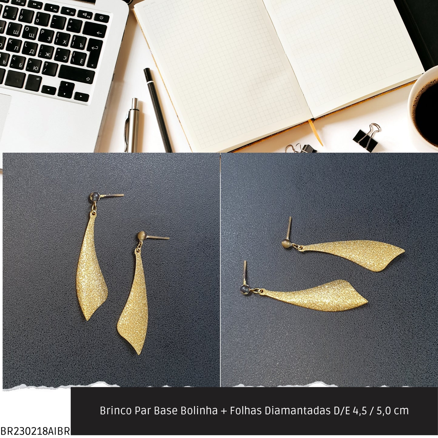 Brinco Par Base Bolinha + Folhas Diamantadas D/E 4.5 / 5.0 cm   - Código.: BR230218AIBR  - Peso.: 3.8 gr