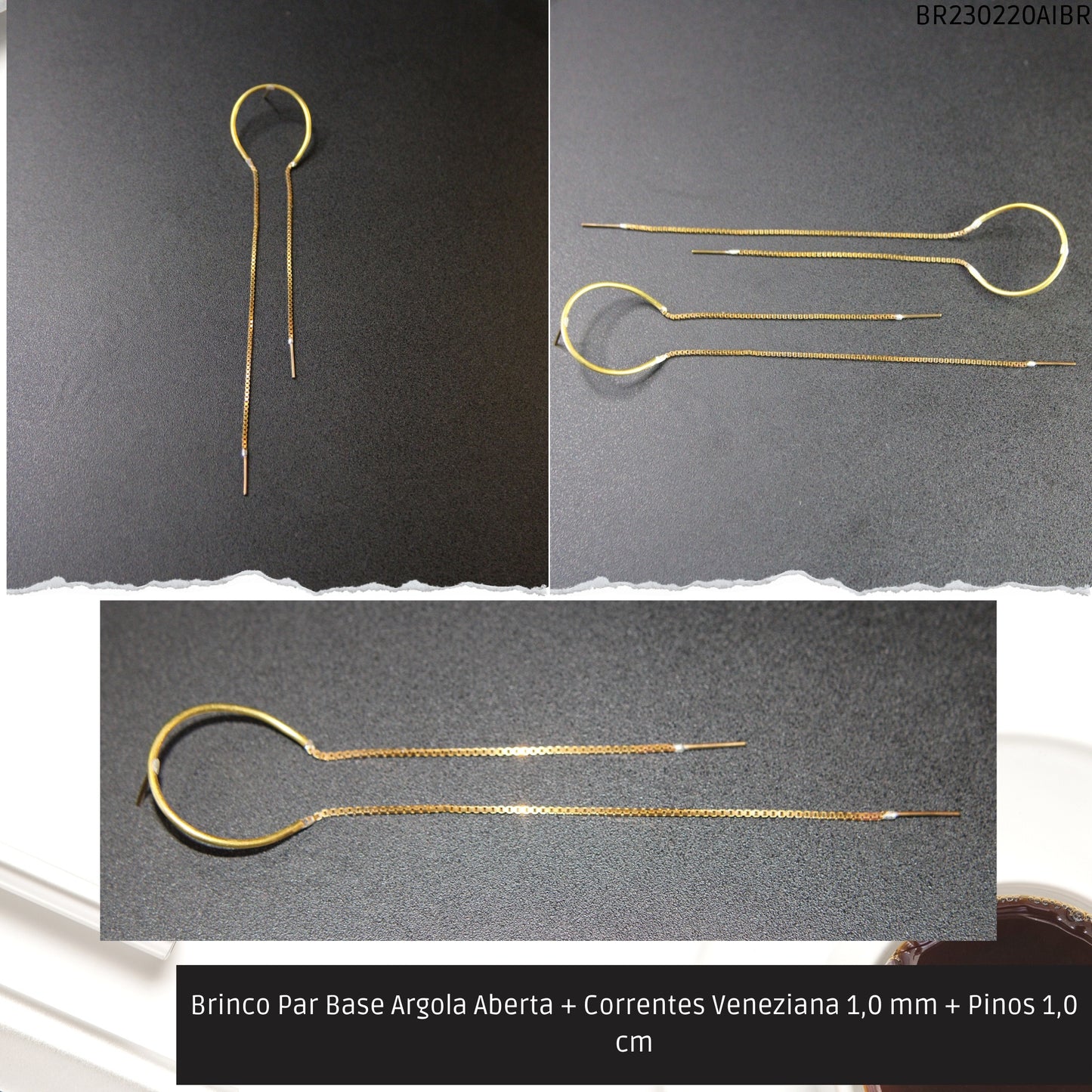 Brinco Par Base Argola Aberta + Correntes Veneziana 1.0 mm + Pinos 1.0 cm   - Código.: BR230220AIBR  - Peso.: 4.7 gr