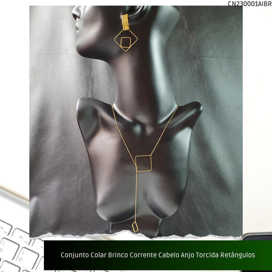 Conjunto Colar Brinco Corrente Cabelo Anjo Torcida Retângulos  - Código.: CN230001AIBR  - Peso.: 7.4 gr