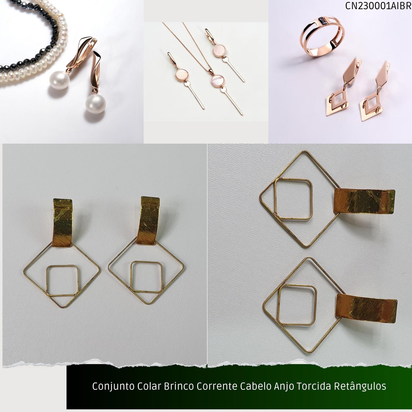 Conjunto Colar Brinco Corrente Cabelo Anjo Torcida Retângulos  - Código.: CN230001AIBR  - Peso.: 7.4 gr