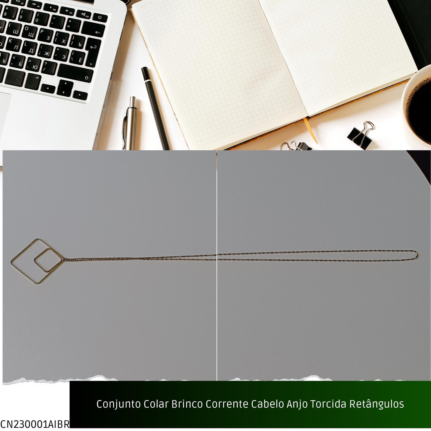 Conjunto Colar Brinco Corrente Cabelo Anjo Torcida Retângulos  - Código.: CN230001AIBR  - Peso.: 7.4 gr
