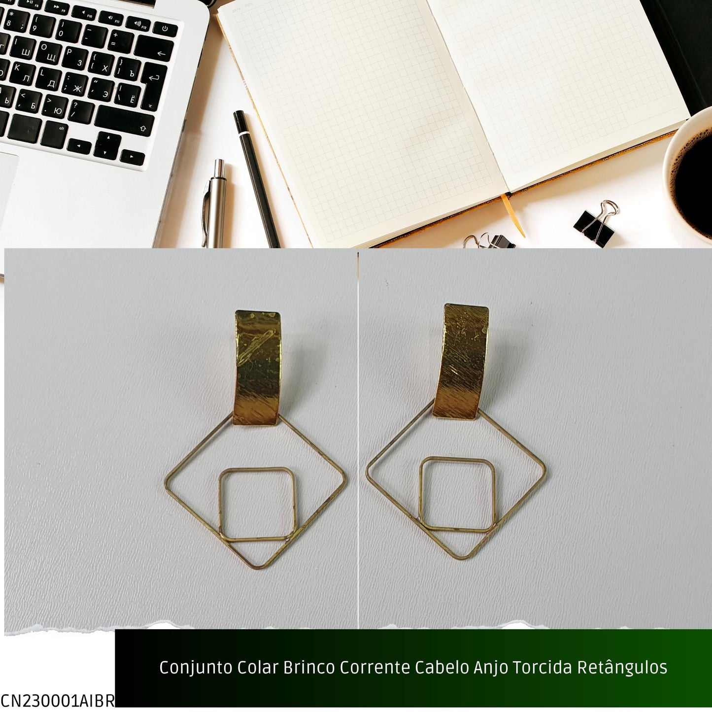 Conjunto Colar Brinco Corrente Cabelo Anjo Torcida Retângulos  - Código.: CN230001AIBR  - Peso.: 7.4 gr