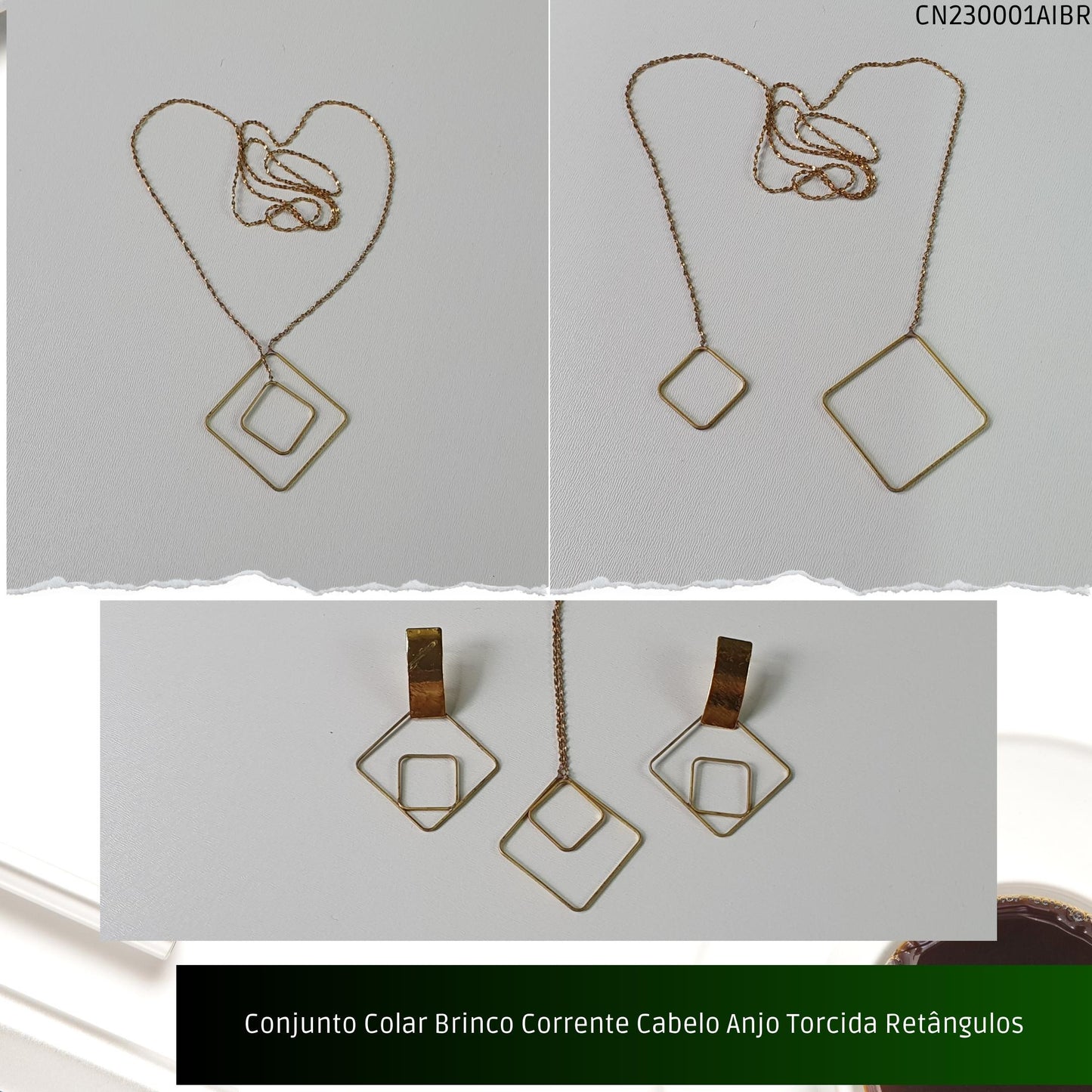 Conjunto Colar Brinco Corrente Cabelo Anjo Torcida Retângulos  - Código.: CN230001AIBR  - Peso.: 7.4 gr