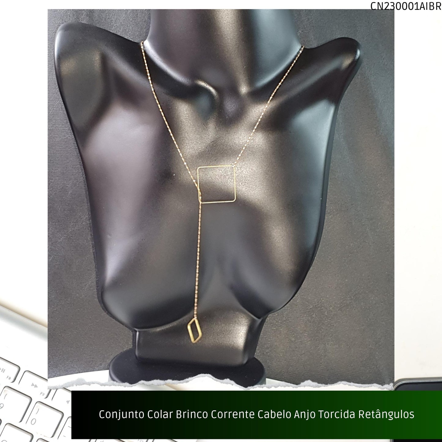 Conjunto Colar Brinco Corrente Cabelo Anjo Torcida Retângulos  - Código.: CN230001AIBR  - Peso.: 7.4 gr