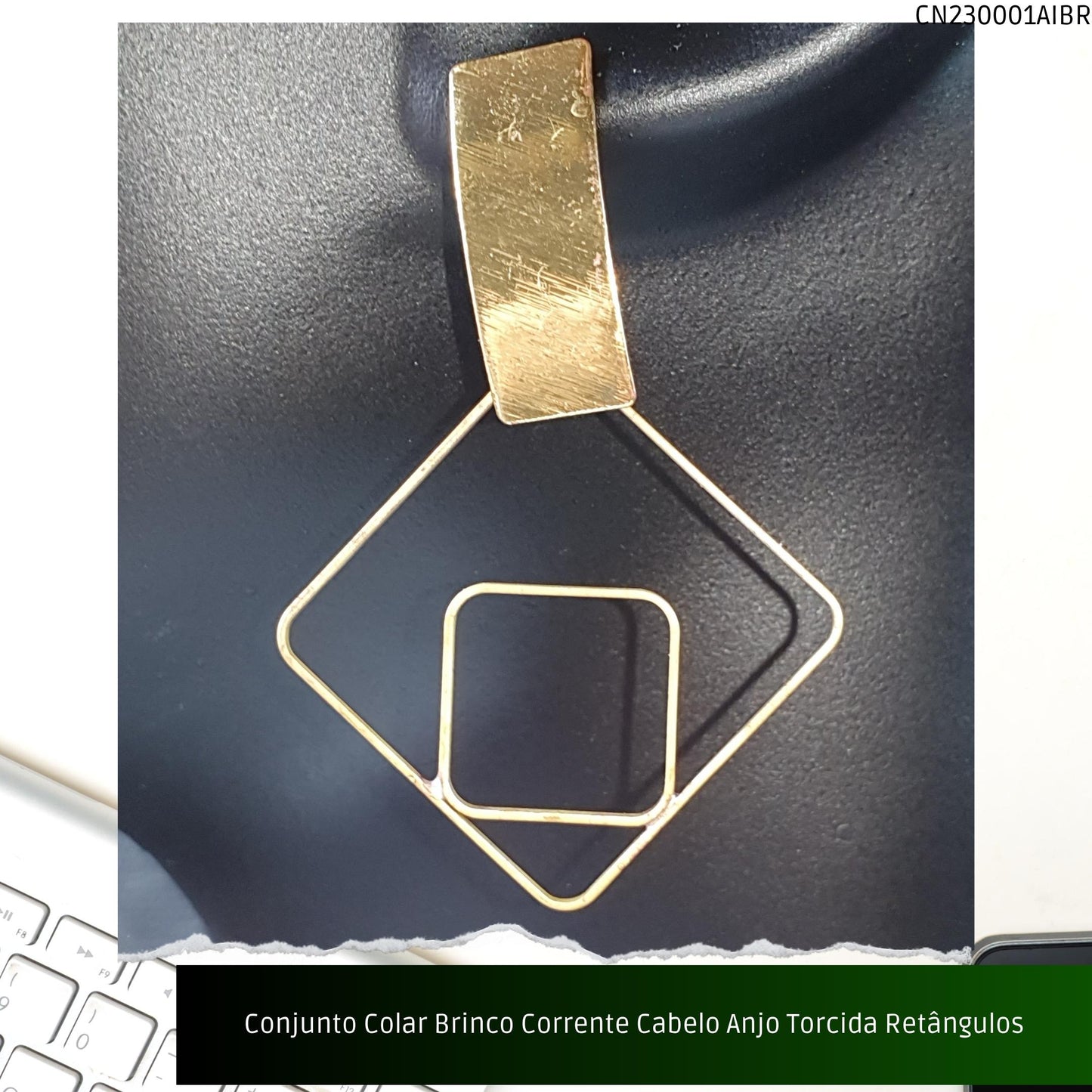 Conjunto Colar Brinco Corrente Cabelo Anjo Torcida Retângulos  - Código.: CN230001AIBR  - Peso.: 7.4 gr