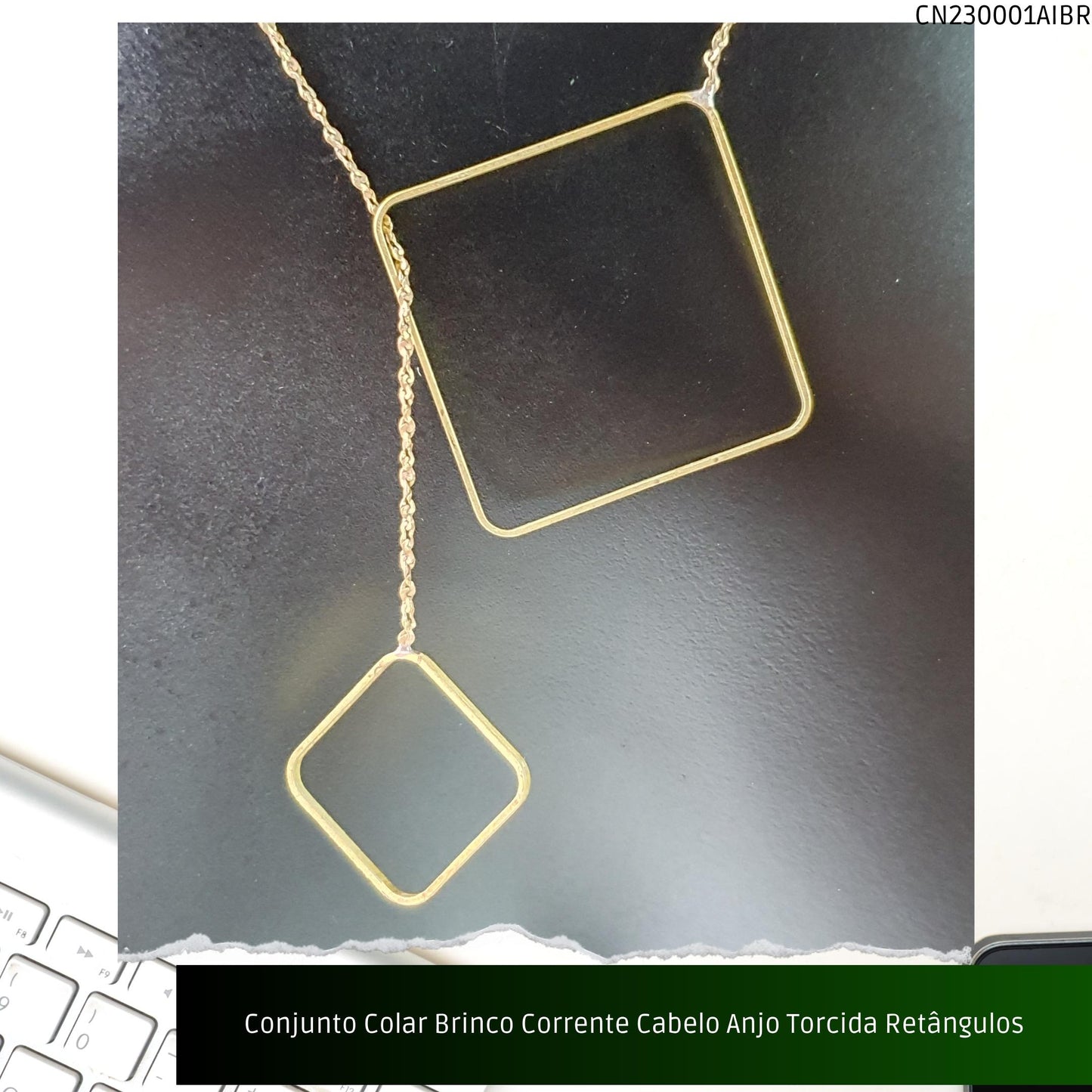 Conjunto Colar Brinco Corrente Cabelo Anjo Torcida Retângulos  - Código.: CN230001AIBR  - Peso.: 7.4 gr