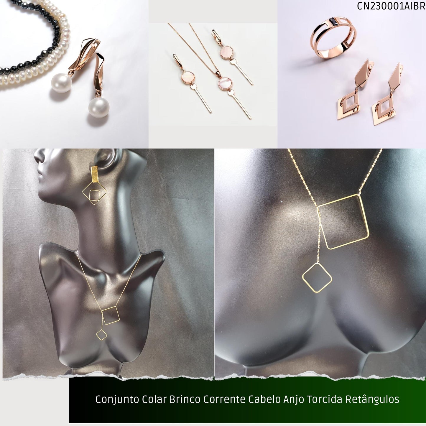 Conjunto Colar Brinco Corrente Cabelo Anjo Torcida Retângulos  - Código.: CN230001AIBR  - Peso.: 7.4 gr