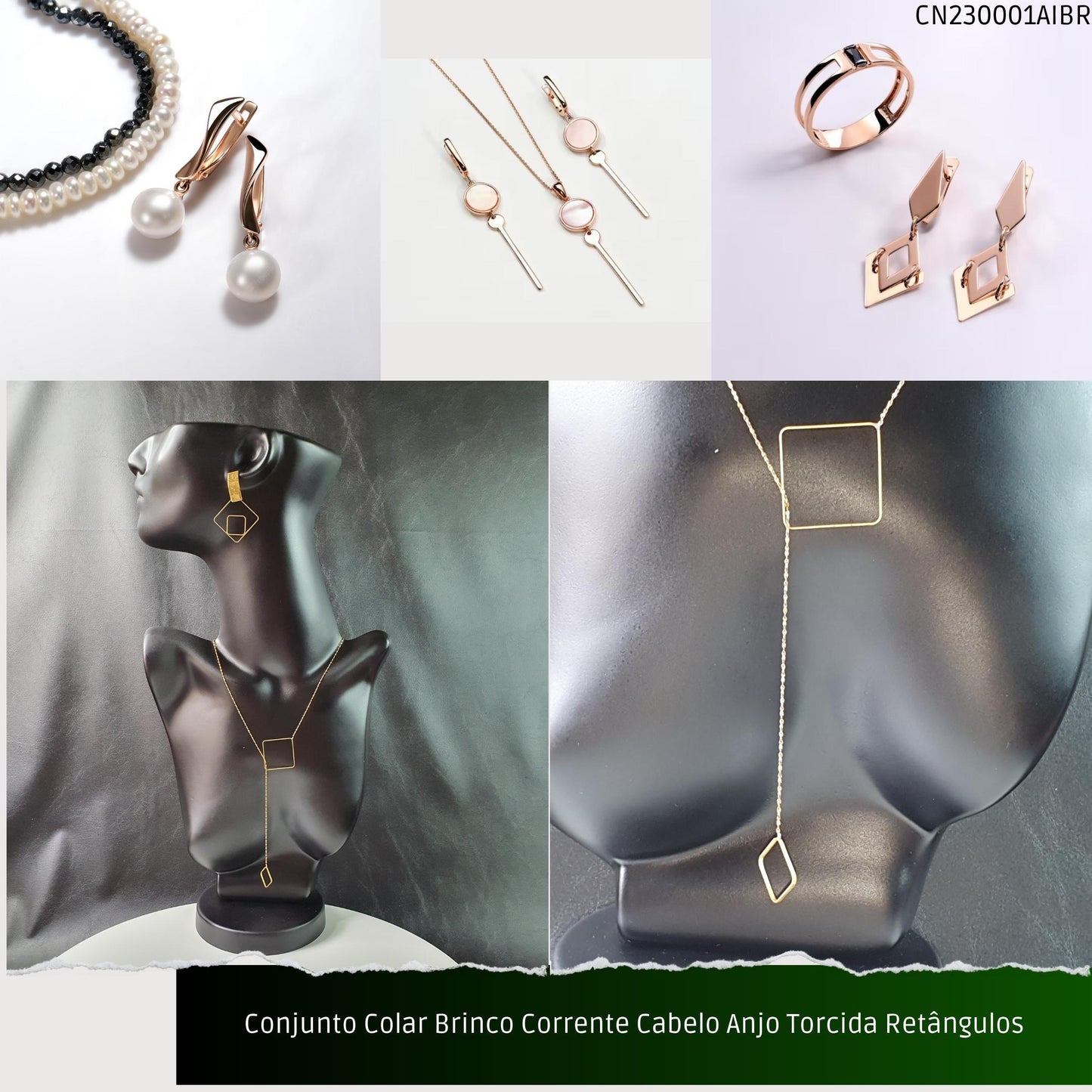 Conjunto Colar Brinco Corrente Cabelo Anjo Torcida Retângulos  - Código.: CN230001AIBR  - Peso.: 7.4 gr