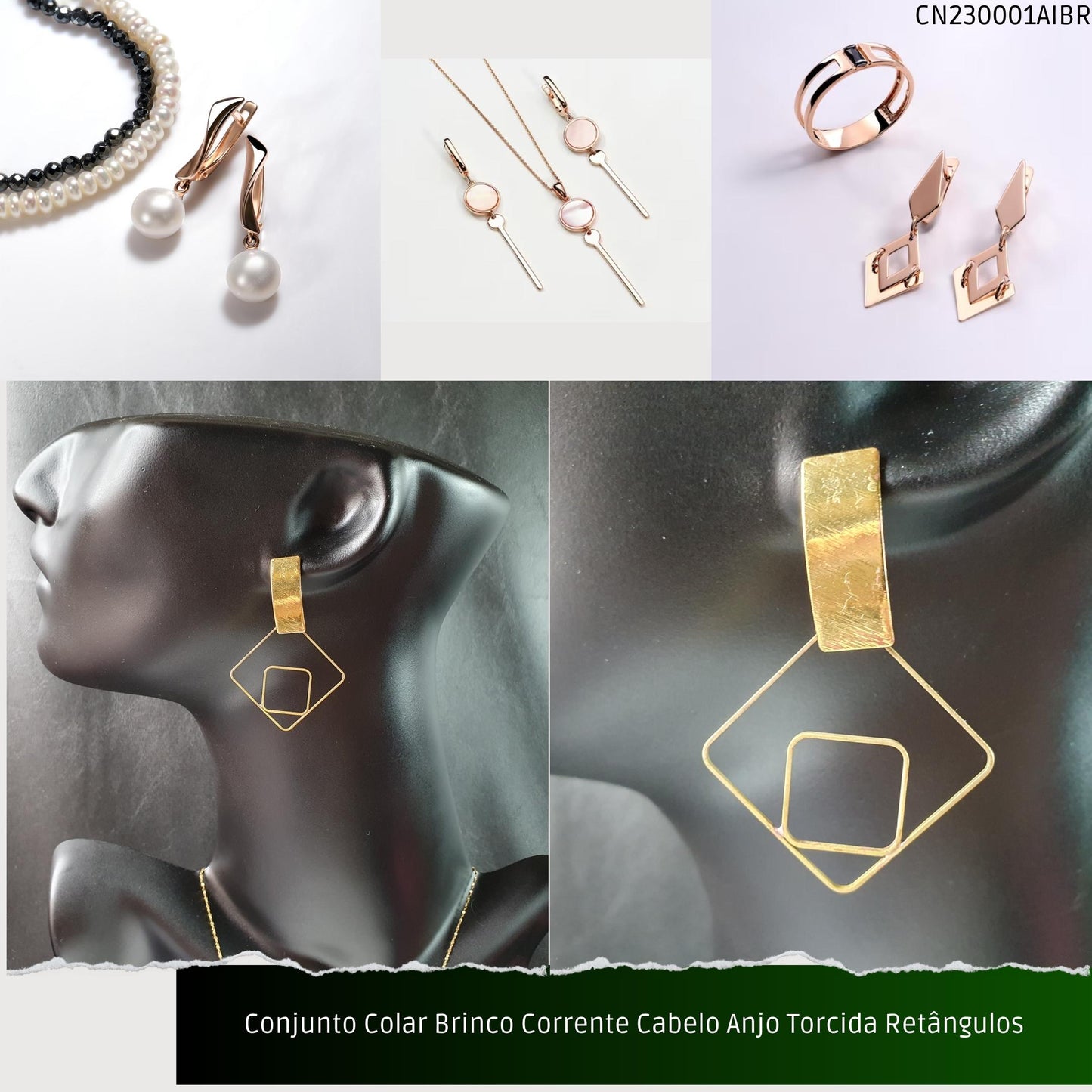 Conjunto Colar Brinco Corrente Cabelo Anjo Torcida Retângulos  - Código.: CN230001AIBR  - Peso.: 7.4 gr