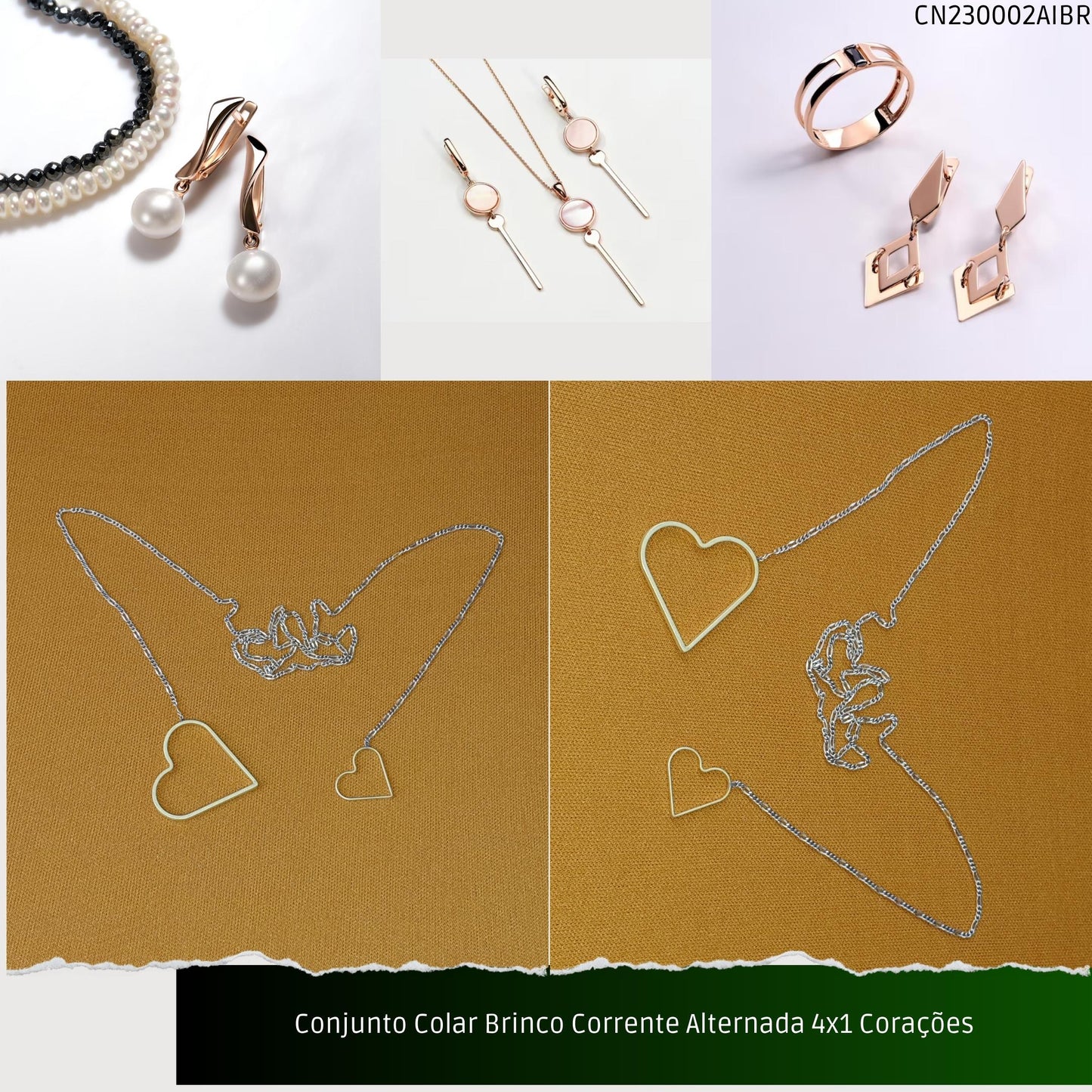 Conjunto Colar Brinco Corrente Alternada 4x1 Corações  - Código.: CN230002AIBR  - Peso.: 7.5 gr